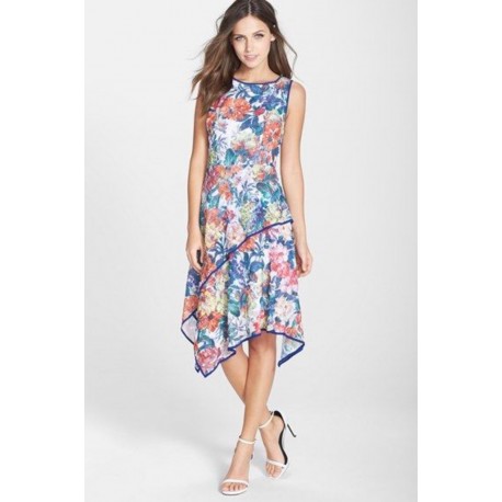 ADRIANNA PAPELL Stretch Fit & Flare FLORAL Asymmetrical Layered Dress SZ 8 SOLD OUT MSRP $140
