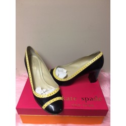 Kate Spade Stephie Black Cream Patent Leather Round Toe Chunky High Heel Shoes SZ 8M