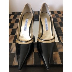 LUCIANO PADOVAN Black Gold Patent Leather Pointed Toe EU 37 US 6 Heels
