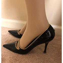 LUCIANO PADOVAN Black Gold Patent Leather Pointed Toe EU 37 US 6 Heels