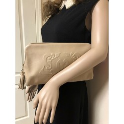 MILA SCHON Italian Leather BEIGE Tassel Vintage Clutch Handbag + Dust Bag
